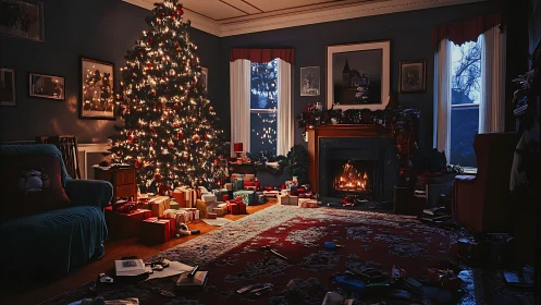 Photoreal Christmas living room with tree and fireplace.