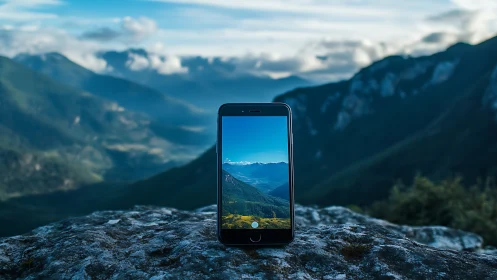 Smartphone framing mountain valley landscape on rocky ledge.