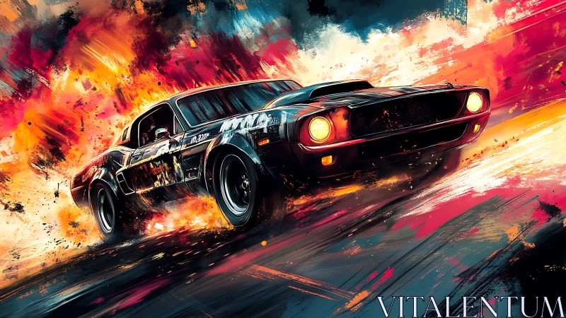 Black muscle car in stylized fiery motion abstract scene.