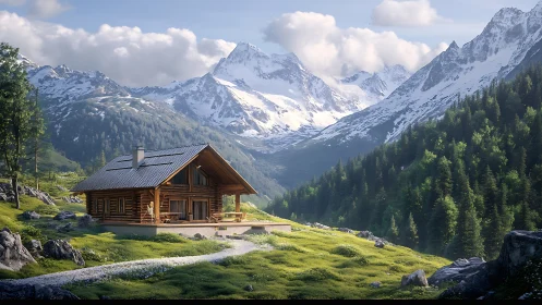 Log cabin architecture within alpine glacial valley environment.