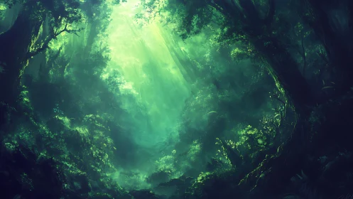 Ethereal Forest Cave with Luminous Light Rays.