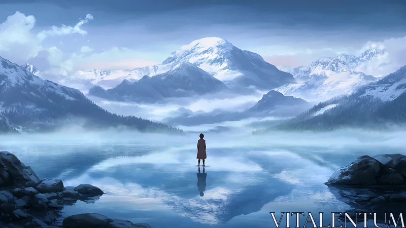 Solitary dreamer gazes across mirror-bright alpine silence.