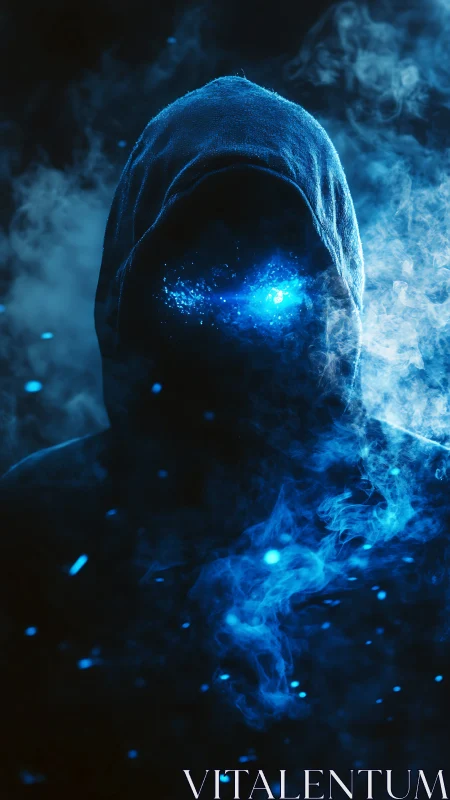 Cosmic hooded figure dissolves into swirling blue nebulae.