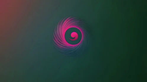 Circular magenta swirl with central abstract shape on green background.
