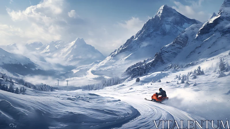 Snowmobile carving alpine valley trail below towering peaks