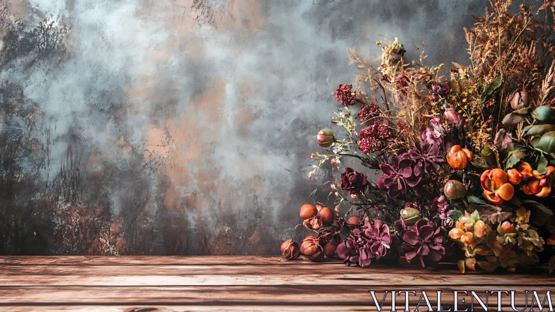 Botanical arrangement with autumn flowers on weathered surface.