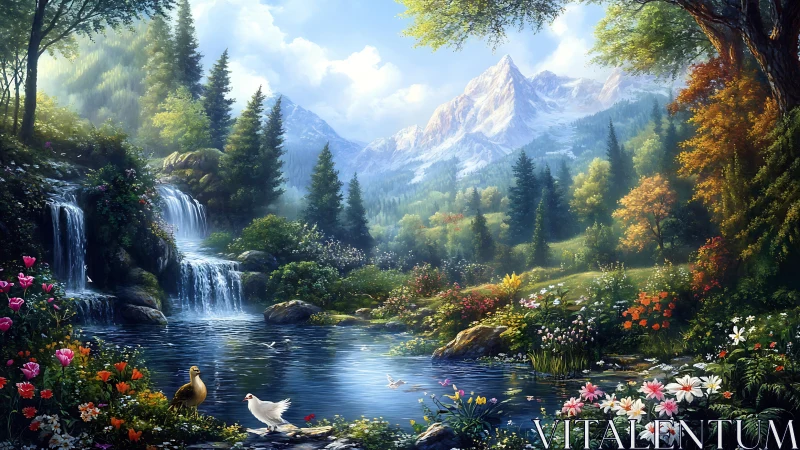 Mountain landscape with waterfall, forest, pond, and birds.