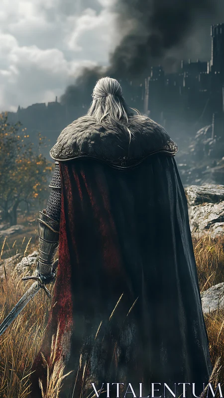 Armored wanderer surveying war-scarred fortress horizon.