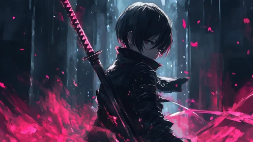 Shadowed swordsman with crimson energy in cyber forest.