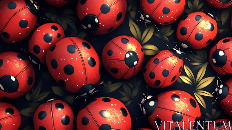 Close-up pattern of glossy red ladybugs on dark leaves.