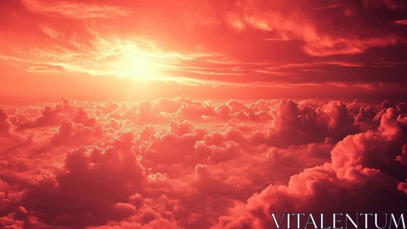 Crimson sunset bathes billowing cloud sea in radiant glow