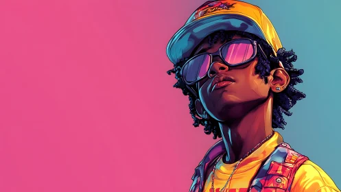 Confident streetwear kid under neon gradient backdrop.