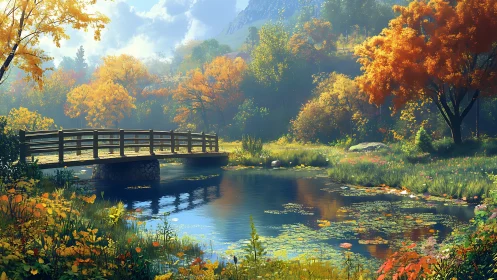 Golden autumn bridge welcomes quiet walks beside the pond