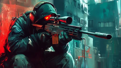 Hooded sniper with glowing eyes in neon urban alleyway.