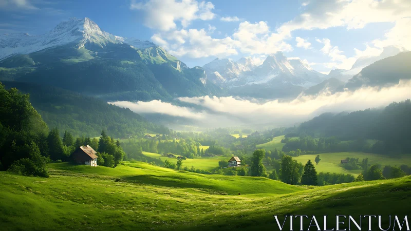 Alpine valley landscape under glowing morning sunlight.