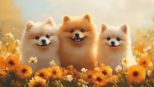 Three Adorable Pomeranians Enjoying Golden Flower Field Bliss
