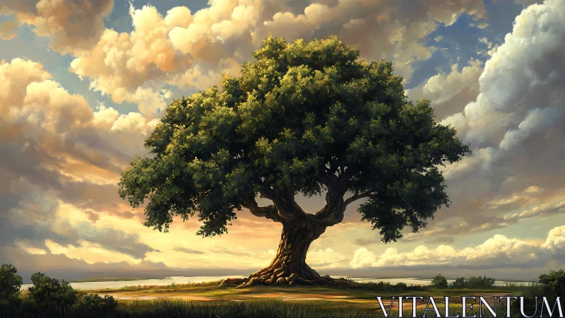 Majestic oak tree under dramatic sky in realistic digital painting.