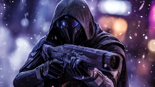 Armored urban sniper in winter storm with tactical optics.