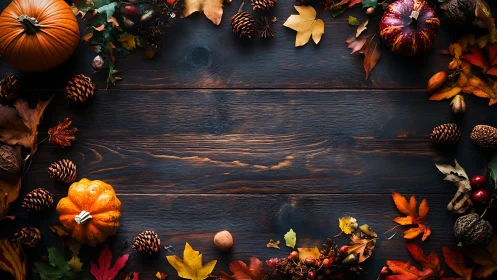 Autumn pumpkins and leaves frame dark rustic wooden table