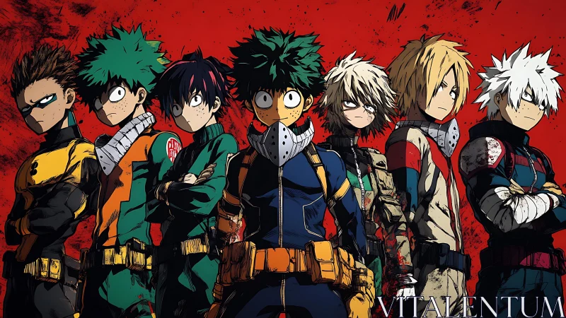 Anime heroes stand united before blood-red battle sky.