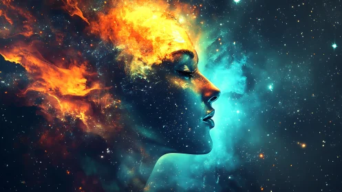Stellar woman profile merging with cosmic fire and nebulae.