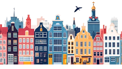 Colorful canal houses line stylized European city skyline.