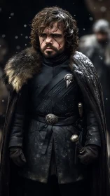 Battle-hardened dwarf warrior in winter cloak stands resolute.