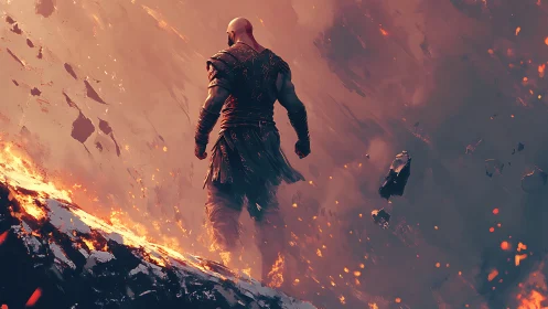 Warrior strides through molten battlefield inferno.