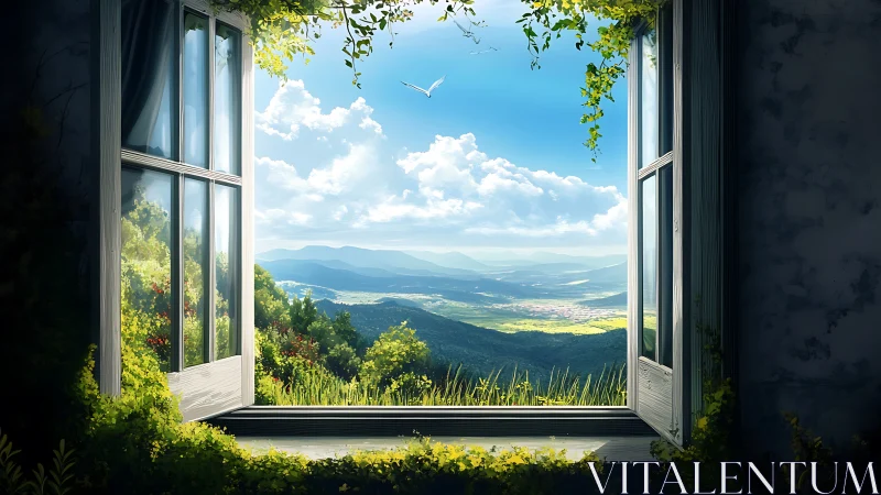 Open window overlooks bright valley, hills and blue sky.