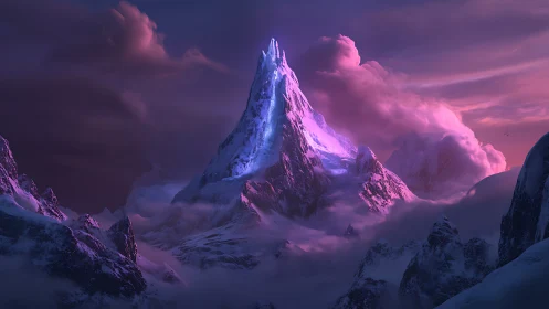 Glaciated spire under magenta volumetric twilight atmosphere.