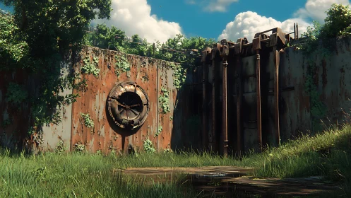 Quiet overgrown dam where rusted metal meets summer sky.