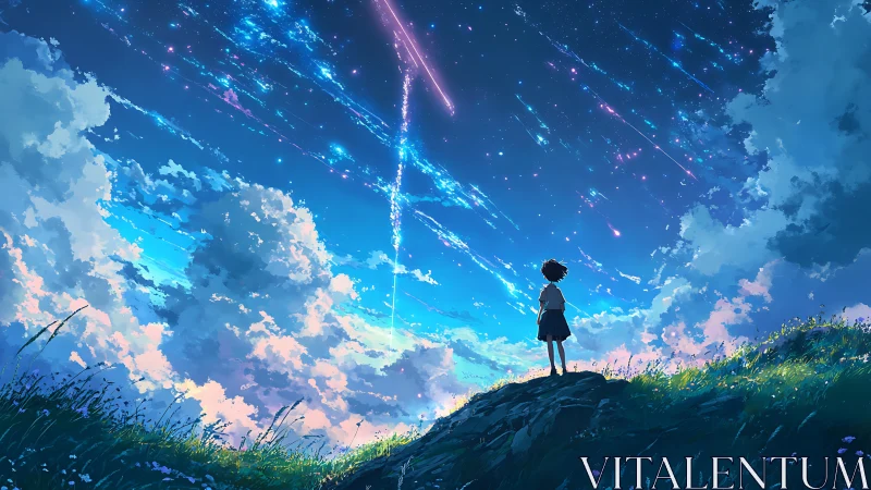 Quiet hillside wonder beneath a sky of falling stars.