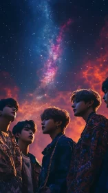 Stargazing silhouettes beneath vibrant cosmic nebula sky.