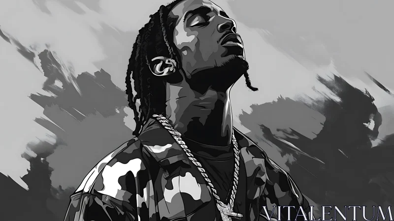Monochrome digital portrait of man with chains and braids
