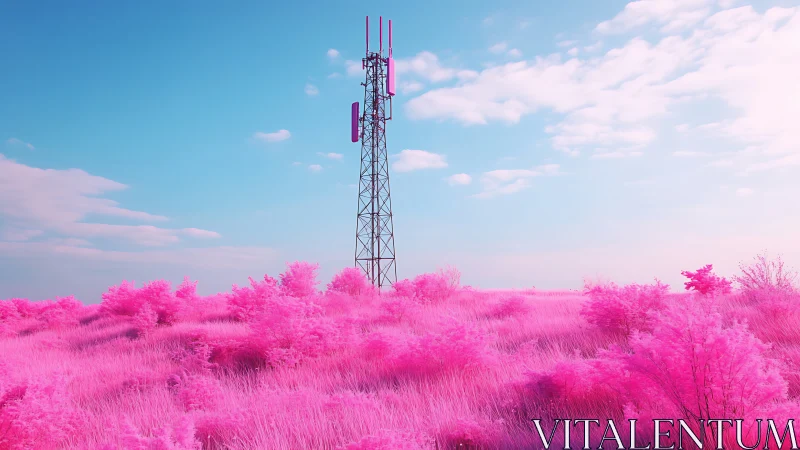 Cell tower rises over infrared meadow in vivid duotone landscape