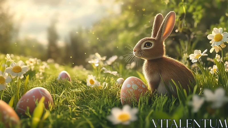 Gentle springtime bunny resting among sunlit painted eggs.