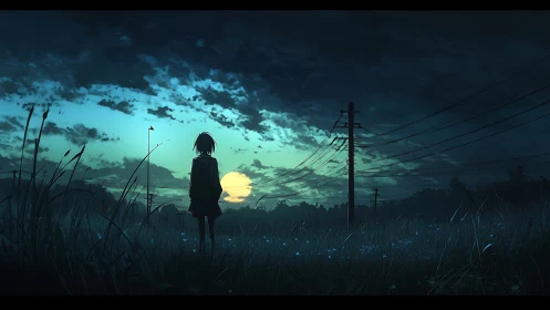 Quiet twilight field with lone dreamer and soft moon glow.
