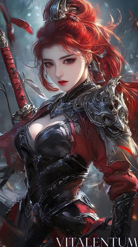 Red haired fantasy warrior in ornate black armor portrait.