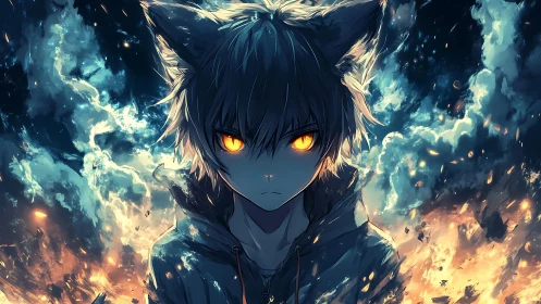 Fire-eyed fox boy stands amid storming embers and clouds.