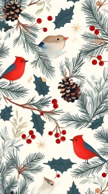 Winter songbirds rest among pine branches and berries