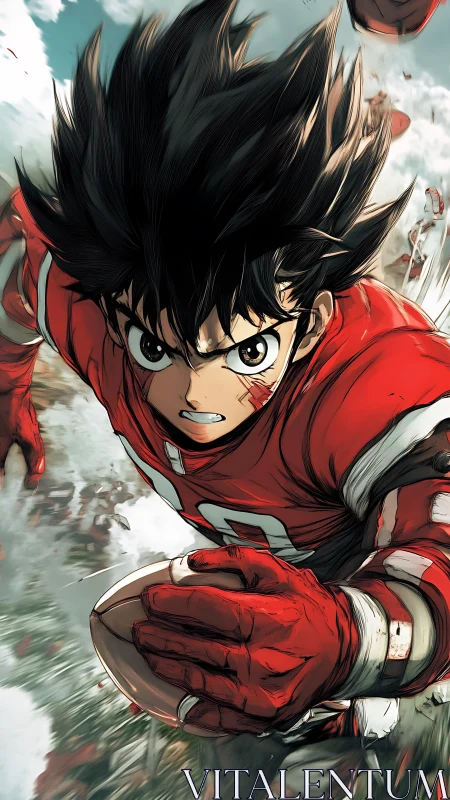 Gridiron comet boy charges through chaos in blazing red.