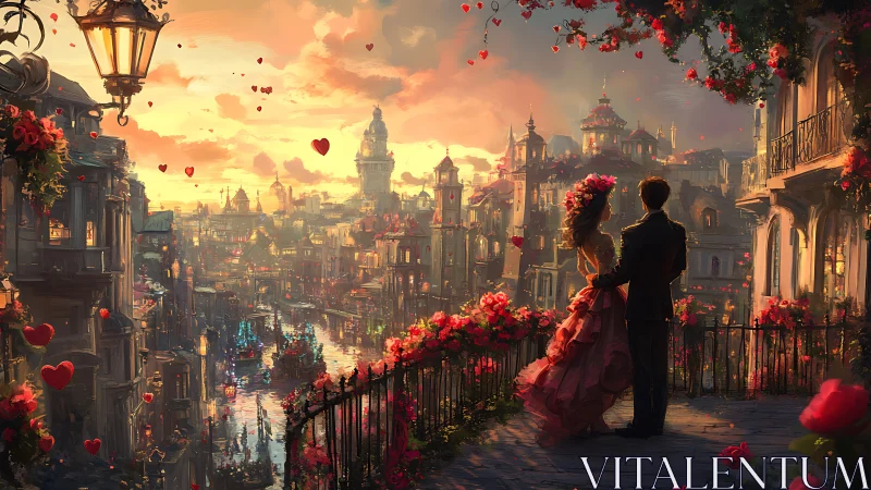 Fantasy cityscape with couple at sunset among roses.