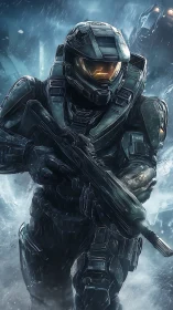 Armored sci fi soldier advancing through icy battlefield.