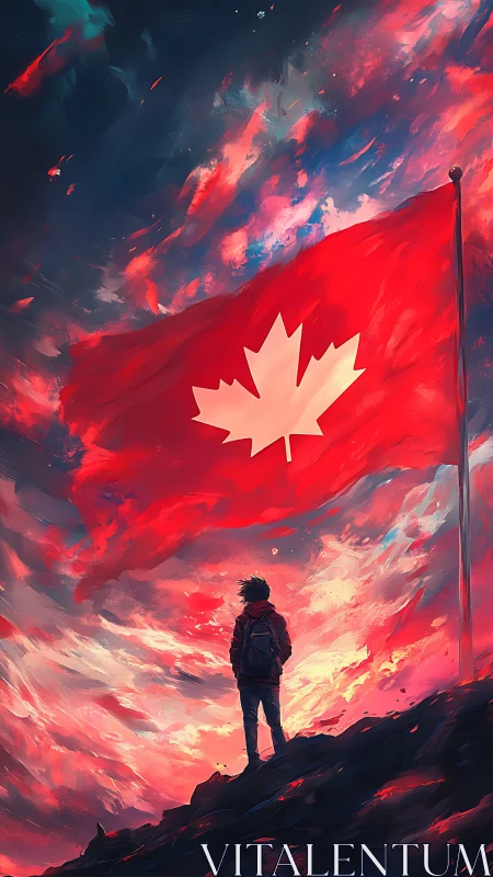 Backlit lone hiker beneath monumental Canadian flag at dusk