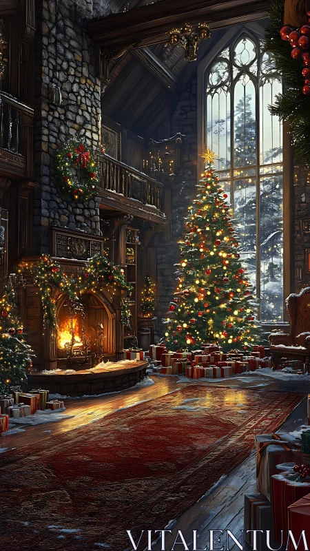 Grand stone hall with glowing Christmas tree and hearth.