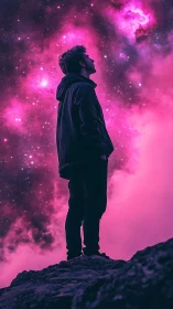 Solitary figure studies neon magenta cosmic nebula sky.