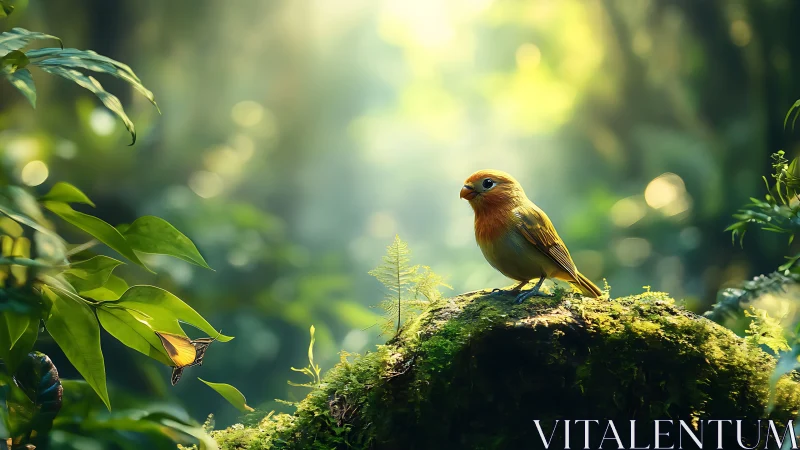 Small Songbird on Mossy Rock in Sunlit Forest, Photorealistic Style.