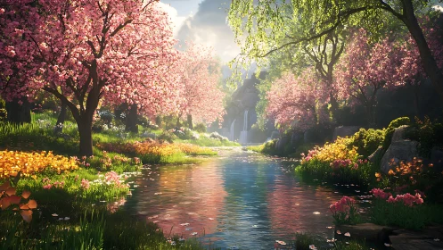 Blossoming river valley glows beneath soft spring sunlight.