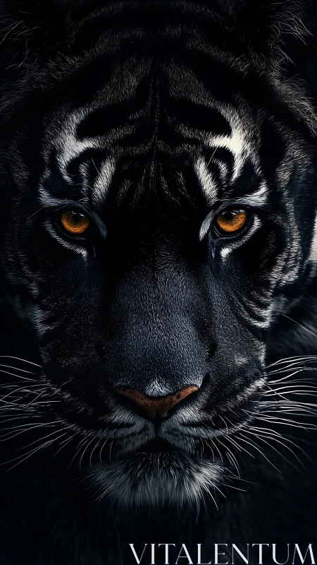 Midnight tiger gazes forward with ember-bright eyes