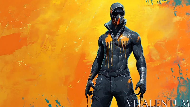 Hooded masked figure stands against vivid orange backdrop